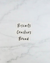 Load image into Gallery viewer, Biscuits, crackers, and bread vinyl labels in black or white, that peel back and stick onto storage containers