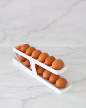 Load image into Gallery viewer, White egg tray storage dispenser keeps eggs contained, organised, and dispenses eggs easily