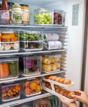 Load image into Gallery viewer, White egg tray storage dispenser keeps eggs contained, organised, and dispenses eggs easily
