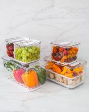 Load image into Gallery viewer, Fridge container set includes four fridge containers that are clear, strong and durable. Features removable dividers for drainage. Can be stacked. Keeps refrigerated food fresher for longer.