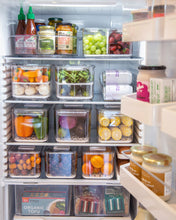 Load image into Gallery viewer, Fridge container set includes four fridge containers that are clear, strong and durable. Features removable dividers for drainage. Can be stacked. Keeps refrigerated food fresher for longer.