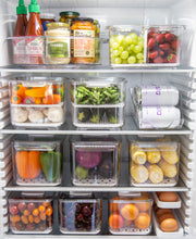 Load image into Gallery viewer, Fridge container set includes four fridge containers that are clear, strong and durable. Features removable dividers for drainage. Can be stacked. Keeps refrigerated food fresher for longer.