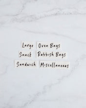 Load image into Gallery viewer, Vinyl labels that peel back and stick onto sandwich bag organiser products such as glad sandwich bags, oven bags, rubbish bags and more