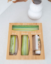 Load image into Gallery viewer, Vinyl labels that peel back and stick onto sandwich bag organiser products such as glad sandwich bags, oven bags, rubbish bags and more