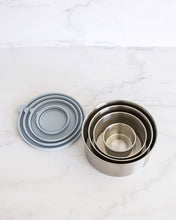 Load image into Gallery viewer, Stainless steel container set with leakproof silicone lid for food storage. Set of 4 containers ranging from small to large. Perfect for storing nuts, seeds, fruit, snacks & leftovers