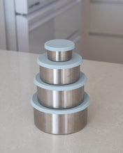Load image into Gallery viewer, Stainless steel container set with leakproof silicone lid for food storage. Set of 4 containers ranging from small to large. Perfect for storing nuts, seeds, fruit, snacks & leftovers