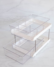 Load image into Gallery viewer, Under sink drawer organiser with compartments and sliding drawers to store under sink items such as dishwasher tablets, dishwashing liquid, rubbish bags, wipes, and cleaning products
