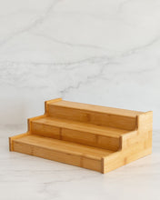 Load image into Gallery viewer, Bamboo spice rack with three tiers used to display spice jars or keep canned goods contained and organised
