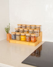 Load image into Gallery viewer, Bamboo spice rack with three tiers used to display spice jars or keep canned goods contained and organised