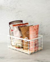 Load image into Gallery viewer, Wire basket with wooden tray that can be used in the kitchen, laundry, wardrobe, storage cupboard, and playroom for organising and storing items