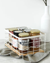 Load image into Gallery viewer, Wire basket with wooden tray that can be used in the kitchen, laundry, wardrobe, storage cupboard, and playroom for organising and storing items