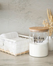 Load image into Gallery viewer, Washing powder glass jar with bamboo lid used to store washing powder or other laundry items