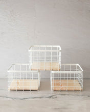 Load image into Gallery viewer, Set of three wire baskets with wooden trays that can be used in the kitchen, laundry, wardrobe, storage cupboard, and playroom for organising and storing items