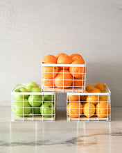 Load image into Gallery viewer, Set of three wire baskets with wooden trays that can be used in the kitchen, laundry, wardrobe, storage cupboard, and playroom for organising and storing items