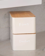 Load image into Gallery viewer, Biscuits, crackers, and bread vinyl labels in black or white, that peel back and stick onto storage containers