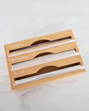 Load image into Gallery viewer, Cling wrap, baking paper, and tin foil vinyl labels in black or white, that peel back and stick onto storage containers