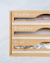 Load image into Gallery viewer, Cling wrap, baking paper, and tin foil vinyl labels in black or white, that peel back and stick onto storage containers
