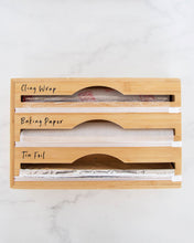 Load image into Gallery viewer, Cling wrap, baking paper, and tin foil vinyl labels in black or white, that peel back and stick onto storage containers