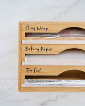 Load image into Gallery viewer, Cling wrap, baking paper, and tin foil vinyl labels in black or white, that peel back and stick onto storage containers