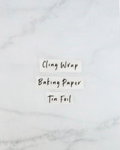 Load image into Gallery viewer, Cling wrap, baking paper, and tin foil vinyl labels in black or white, that peel back and stick onto storage containers