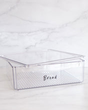 Load image into Gallery viewer, Set of clear, stackable, fridge containers with a small handle and lid, used to store dairy, drinks and vegetables in the fridge