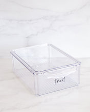 Load image into Gallery viewer, Fridge container that is medium, clear and stackable, used to store dairy, meat and vegetables in the fridge
