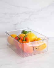 Load image into Gallery viewer, Fridge container that is medium, clear and stackable, used to store dairy, meat and vegetables in the fridge