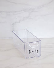 Load image into Gallery viewer, Fridge container that is rectangle, clear and stackable, used to store dairy, drinks and vegetables in the fridge