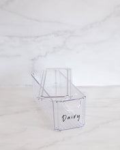 Load image into Gallery viewer, Fridge container that is rectangle, clear and stackable, used to store dairy, drinks and vegetables in the fridge