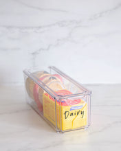 Load image into Gallery viewer, Fridge container that is rectangle, clear and stackable, used to store dairy, drinks and vegetables in the fridge