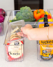 Load image into Gallery viewer, Fridge container that is rectangle, clear and stackable, used to store dairy, drinks and vegetables in the fridge