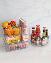 Load image into Gallery viewer, Set of clear, stackable, fridge containers with a small handle and lid, used to store dairy, drinks and vegetables in the fridge