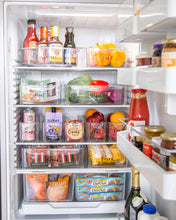 Load image into Gallery viewer, Set of clear, stackable, fridge containers with a small handle and lid, used to store dairy, drinks and vegetables in the fridge