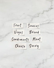 Load image into Gallery viewer, A set of fridge labels in black or white vinyl, that peel back and stick onto storage containers