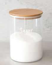 Load image into Gallery viewer, Pantry glass jars with bamboo lid and silicone seal used to store essential household pantry ingredients such as flour, sugar and spaghetti