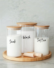 Load image into Gallery viewer, Laundry set with glass jars and bamboo lid used to store laundry items such as washing powder