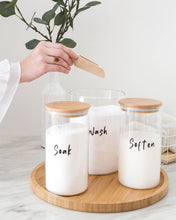 Load image into Gallery viewer, Laundry set with glass jars and bamboo lid used to store laundry items such as washing powder