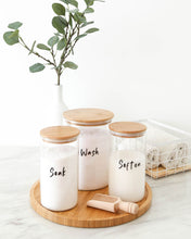 Load image into Gallery viewer, Laundry set with glass jars and bamboo lid used to store laundry items such as washing powder