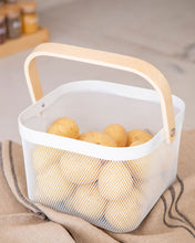 Load image into Gallery viewer, Mesh basket with wooden handle that can be used in the kitchen, laundry, wardrobe, storage cupboard, and playroom for organising and storing items