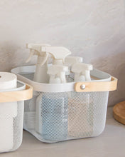Load image into Gallery viewer, Mesh basket with wooden handle that can be used in the kitchen, laundry, wardrobe, storage cupboard, and playroom for organising and storing items