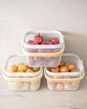 Load image into Gallery viewer, Set of three mesh baskets with wooden handles that can be used in the kitchen, laundry, wardrobe, storage cupboard, and playroom for organising and storing items
