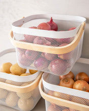 Load image into Gallery viewer, Set of three mesh baskets with wooden handles that can be used in the kitchen, laundry, wardrobe, storage cupboard, and playroom for organising and storing items