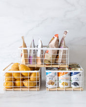 Load image into Gallery viewer, White wire basket with wooden base for organising and storing items in the kitchen, pantry and bedroom
