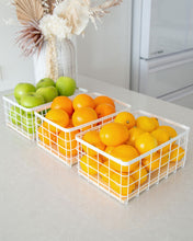Load image into Gallery viewer, White wire basket with wooden base for organising and storing items in the kitchen, pantry and bedroom