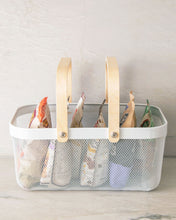 Load image into Gallery viewer, White mesh basket with wooden handles for organising and storing items in the kitchen, pantry and bedroom