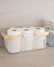 Load image into Gallery viewer, White mesh basket with wooden handles for organising and storing items in the kitchen, pantry and bedroom