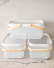 Load image into Gallery viewer, White mesh basket with wooden handles for organising and storing items in the kitchen, pantry and bedroom