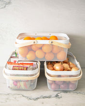 Load image into Gallery viewer, White mesh basket with wooden handles for organising and storing items in the kitchen, pantry and bedroom
