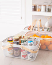 Load image into Gallery viewer, White mesh basket with wooden handles for organising and storing items in the kitchen, pantry and bedroom