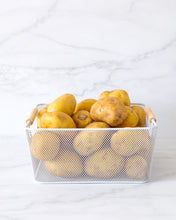 Load image into Gallery viewer, Square mesh basket with wooden handles for storing items such as potatoes, onions, fruit, cans, chips, snacks, kids toys, stationary and more